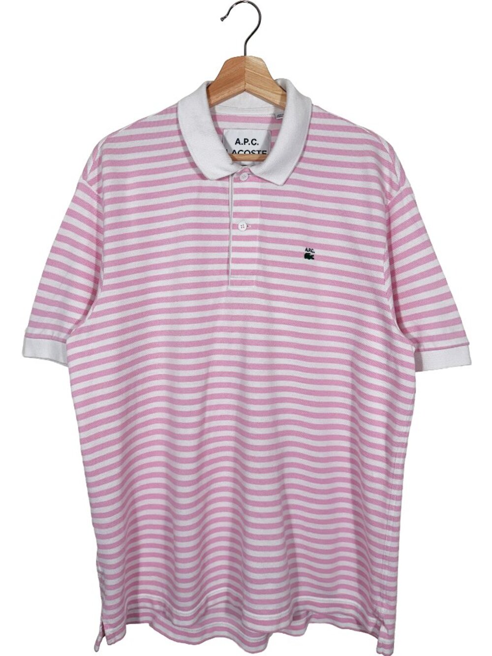 A.P.C. x Lacoste Pink Striped Short Sleeve Pique Knit Polo Shirt men's size L